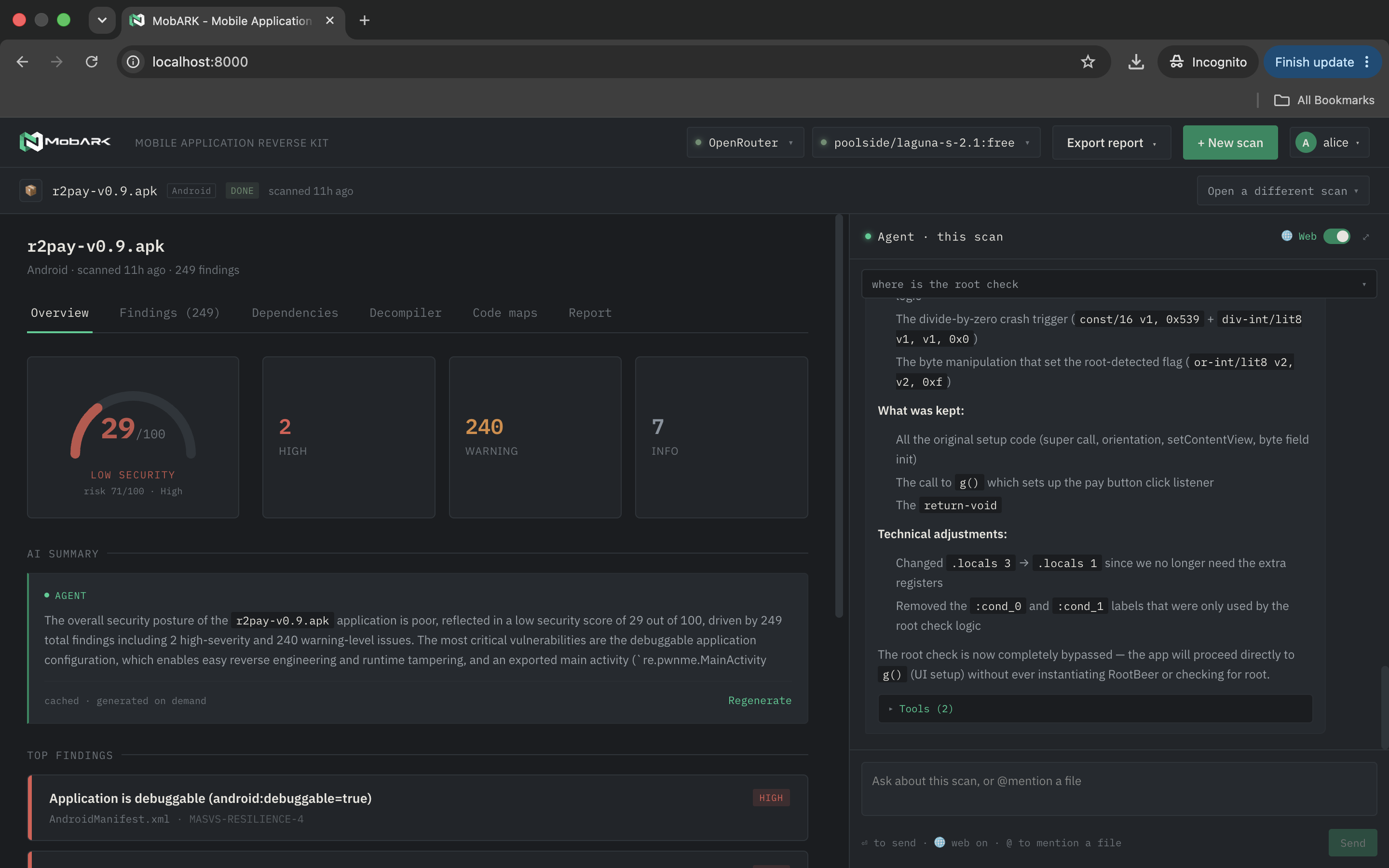 Agent dock with live tool steps and reasoning